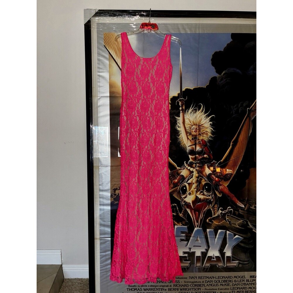 Neon Pink Long Lace Maxi Dress Stretch Nude Interior